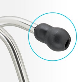 Close-up van een zwarte oordop met een zachte afdichting met een oorbuis van een 3M Littmann Stethoscoop.